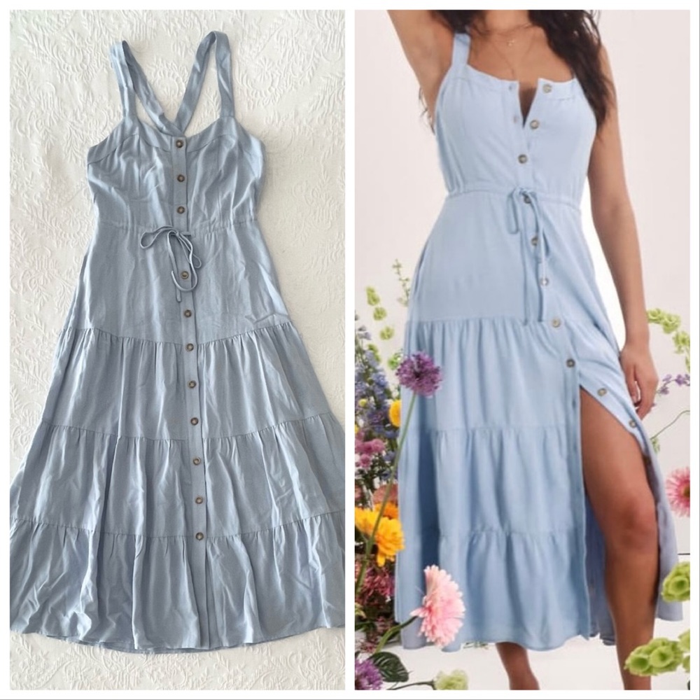Lulus See the City Light Blue Button-Front Tiered Midi Dress Small